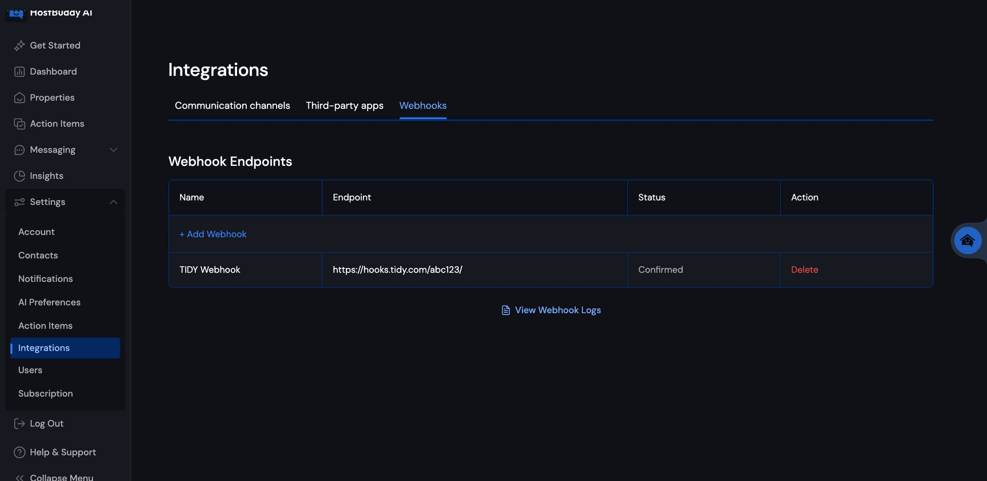 Adding TIDY webhook in HostBuddy