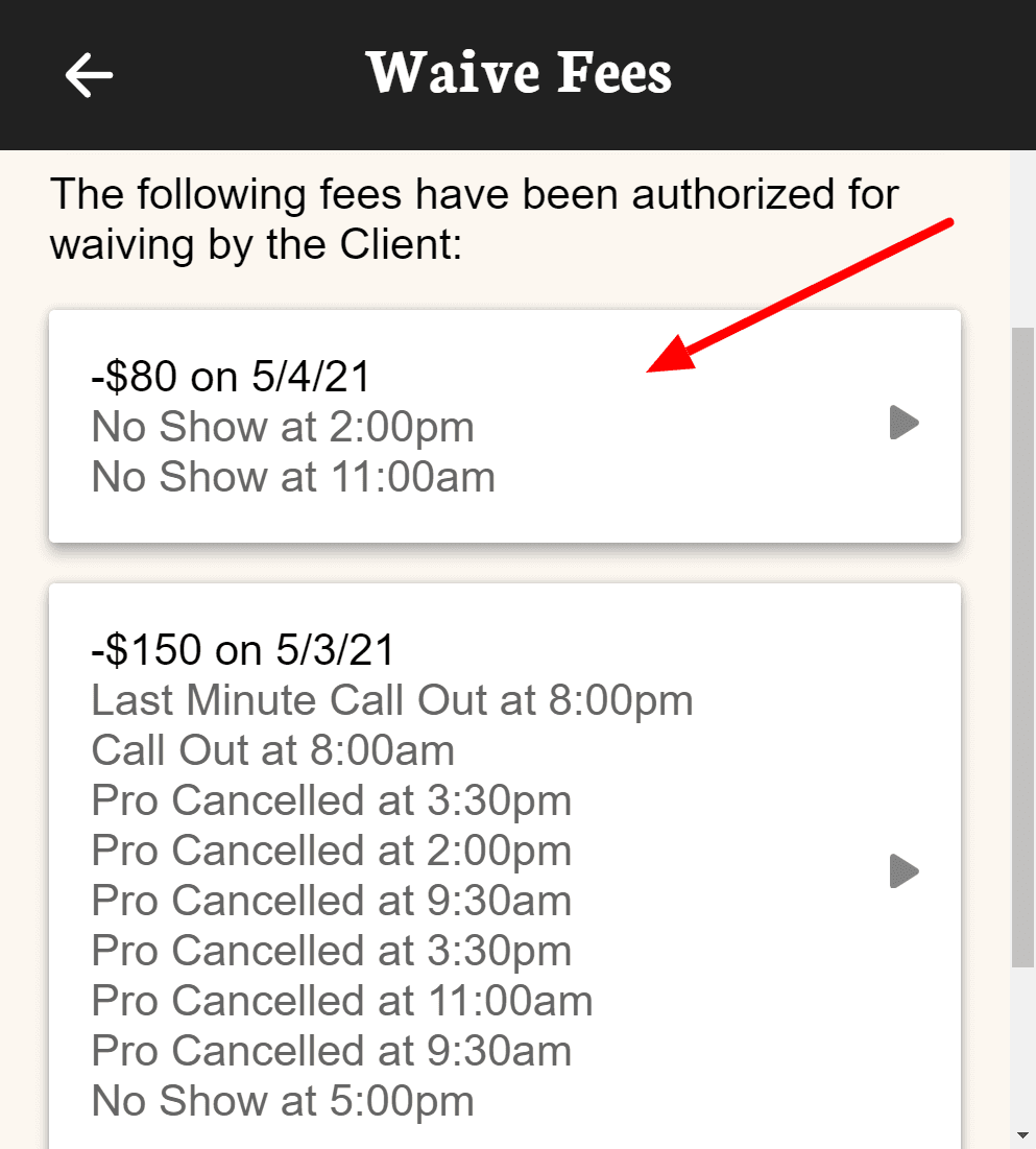 Waive multiple fees interface