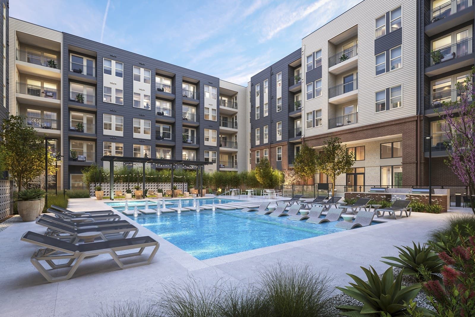 Pool courtyard at Odell, a Greystar apartment community in Austin