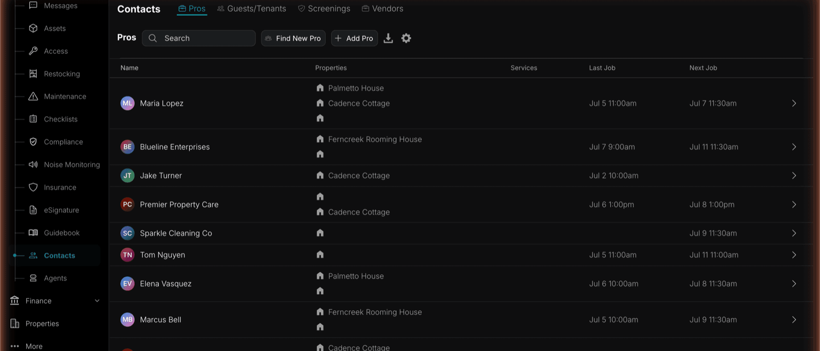 The Contacts directory in TIDY with tabs for Pros, Guests/Tenants, Screenings, and Vendors, showing pros with their properties, services, and last and next jobs
