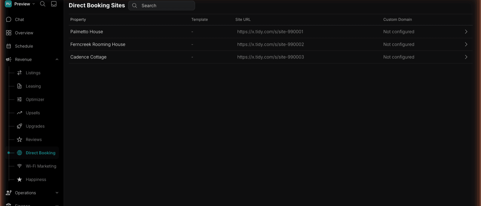 The Direct Booking Sites view in TIDY, listing each property with its template, hosted site URL, and custom domain status