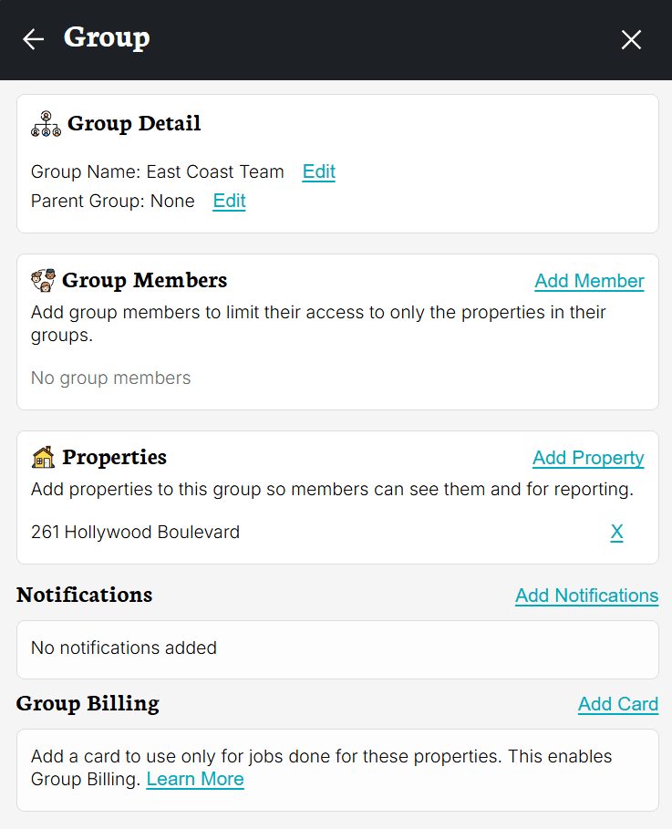 Groups management screen