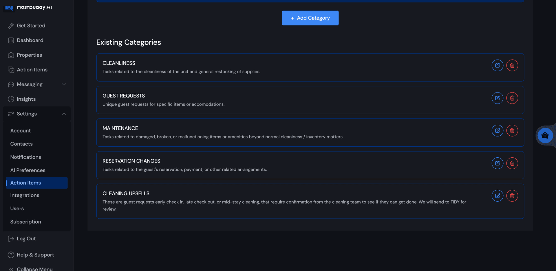Configuring Action Item Category in HostBuddy