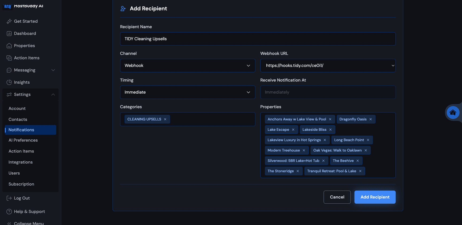 Adding notification to webhook for Cleaning Upsells category