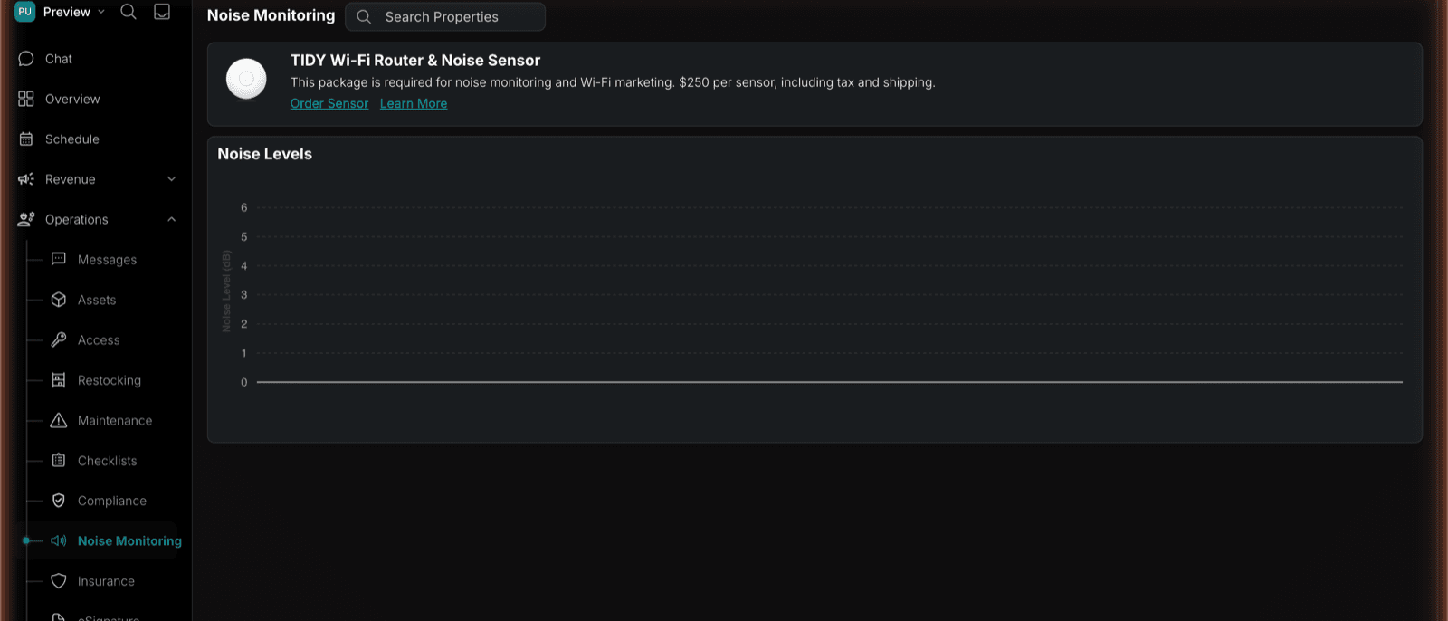 The Noise Monitoring view in TIDY, showing the TIDY Wi-Fi Router and Noise Sensor package and a noise-level chart measured in decibels over time