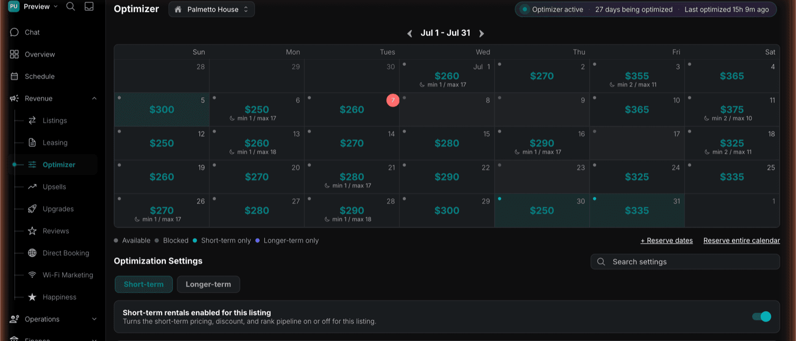 The Optimizer in TIDY, showing a monthly pricing calendar with a per-night rate and min/max stay, a legend for Available, Blocked, Short-term only, and Longer-term only, and Optimization Settings below