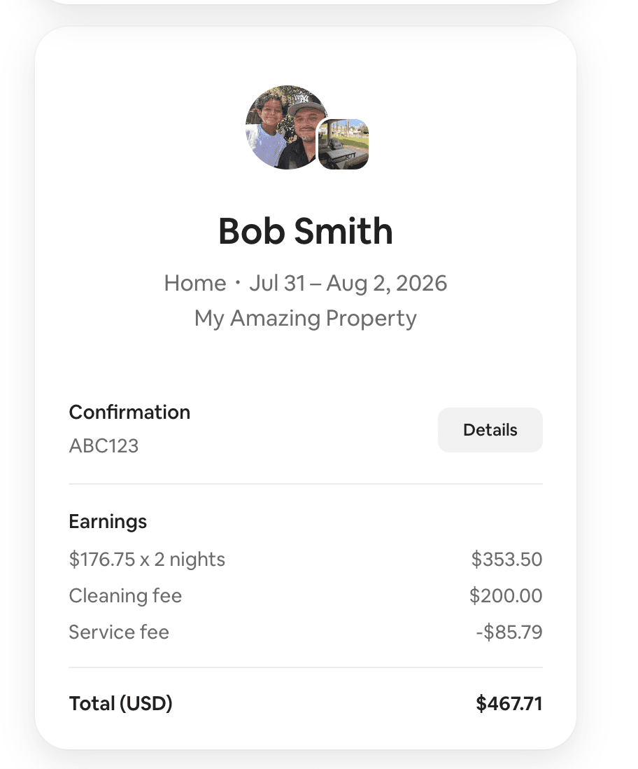 An Airbnb reservation earnings breakdown showing $353.50 for two nights, a $200 cleaning fee, and a $85.79 service fee deduction