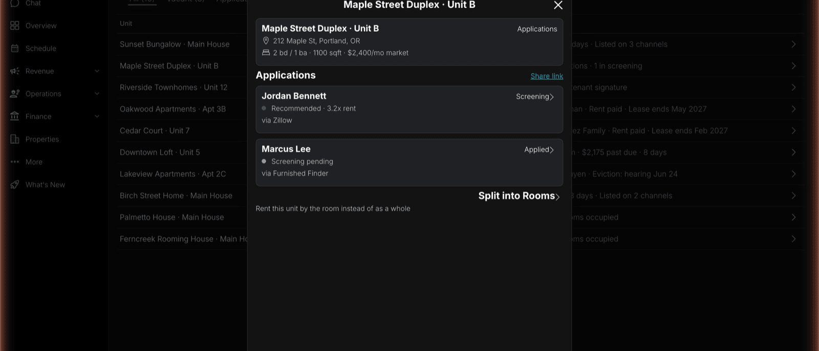A rental unit's applications in TIDY, each showing the applicant, the channel it came from (via Zillow, via Furnished Finder), and a screening status such as Recommended