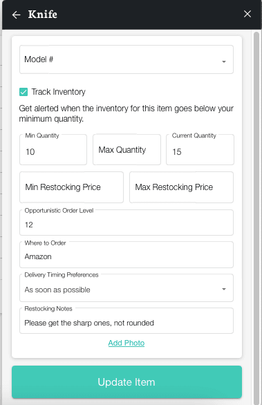 TIDY Restocking configuration showing quantity thresholds, restocking price limits, ordering source, and delivery timing