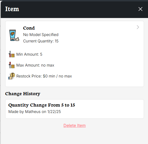 TIDY Restocking item view showing current quantity, minimum quantity, price, and quantity change history