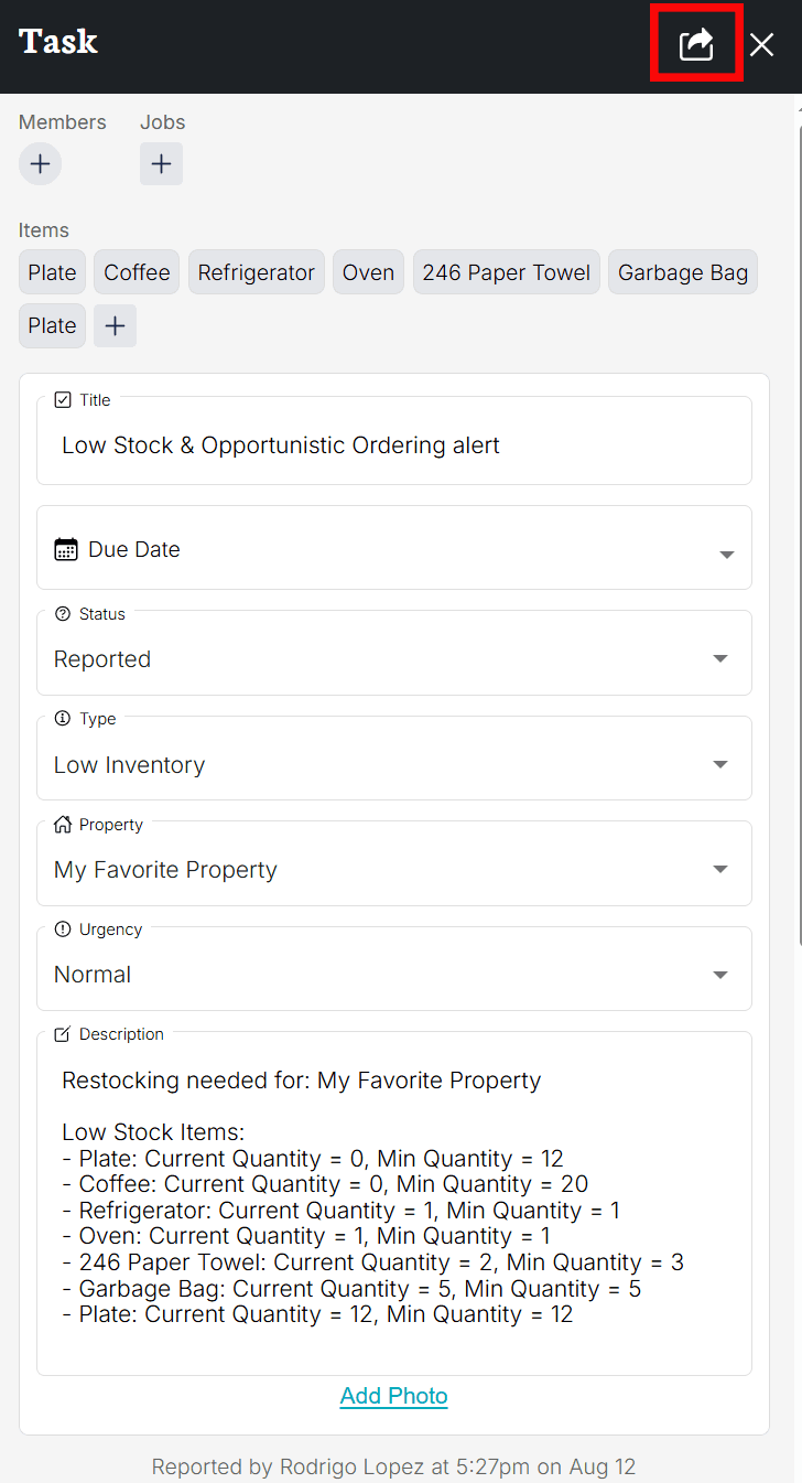 Maintenance item creator info
