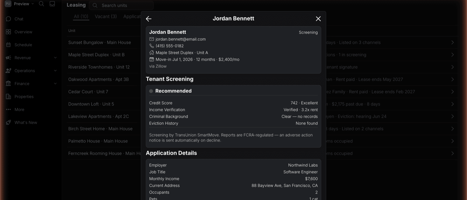 A tenant screening report in TIDY showing a Recommended outcome with credit score, income verification, criminal background, and eviction history, alongside the applicant's details