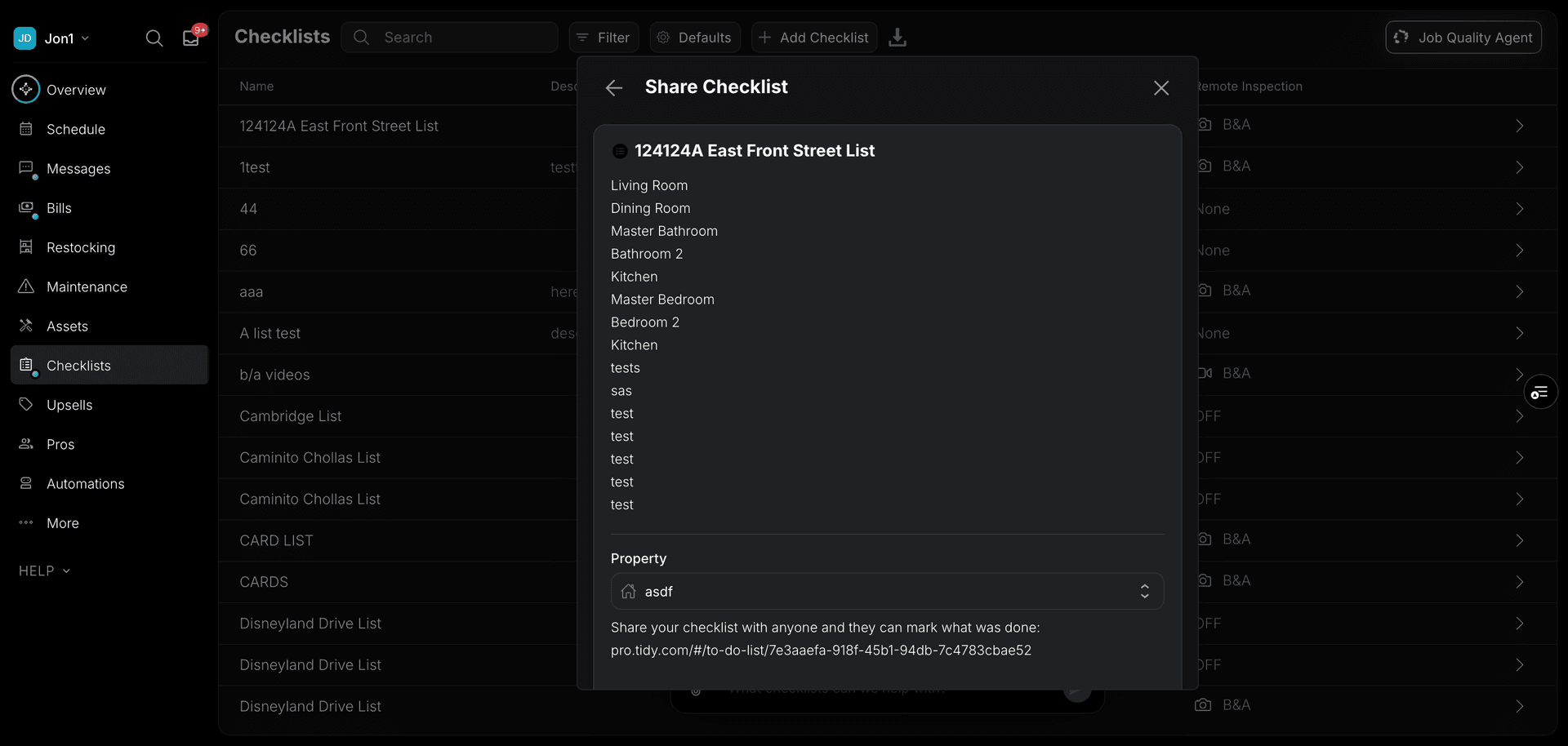 Checklist link sharing interface