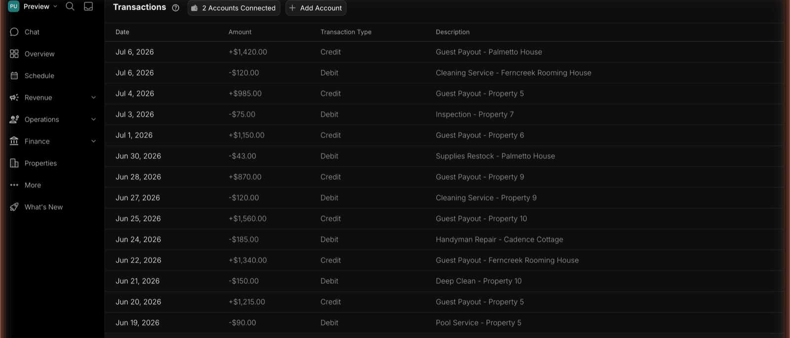 The Transactions view in TIDY, showing connected bank accounts and a feed of credits and debits with date, amount, transaction type, and description tied to properties