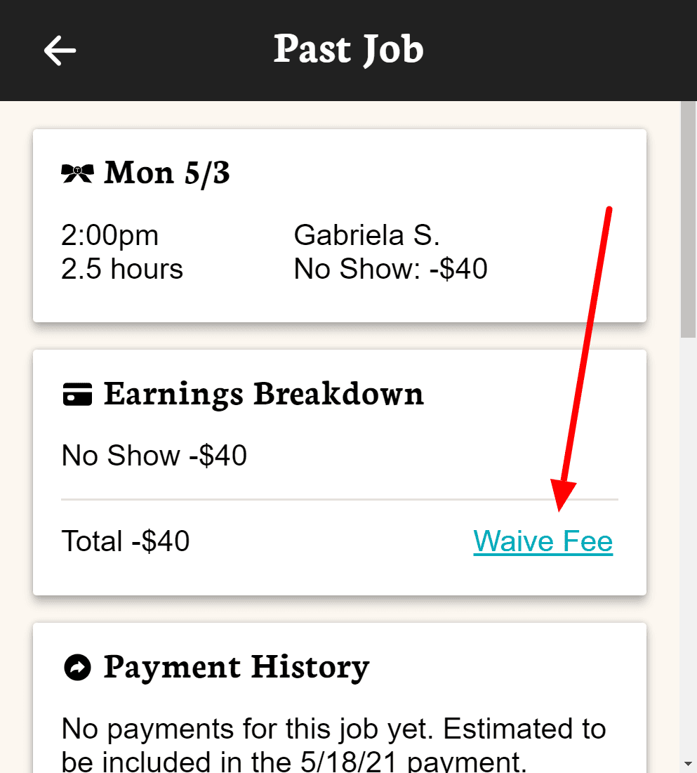 Waive fee button