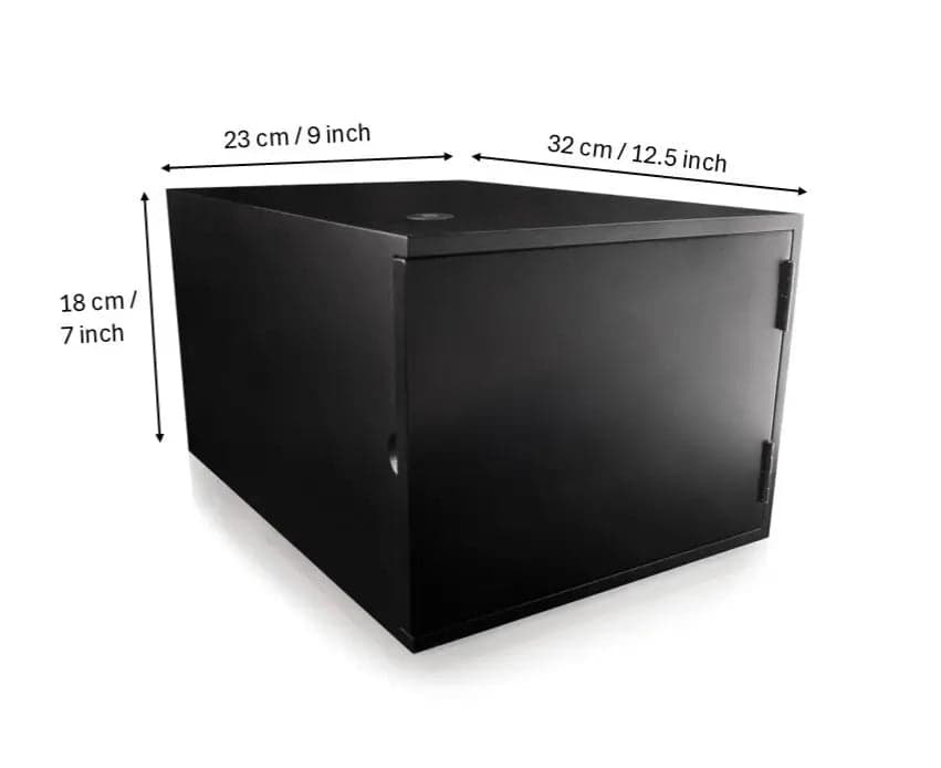 The Box — matte black finish, dimensions view