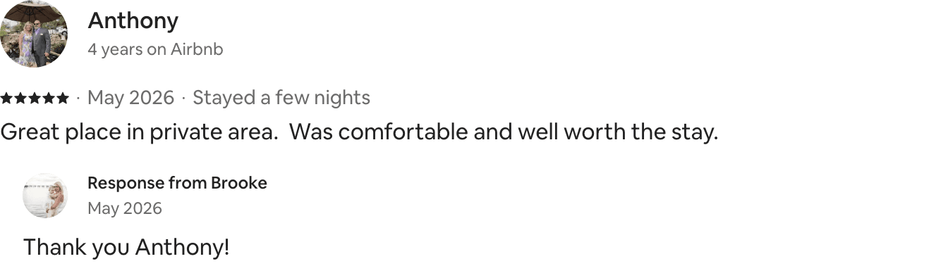 Five-star Airbnb guest review from Anthony, shown with a reply from the host.