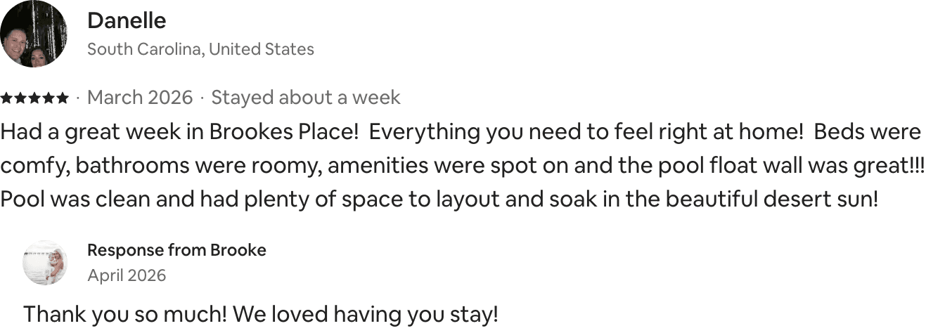 Five-star Airbnb guest review from Danelle praising the float wall and the pool.