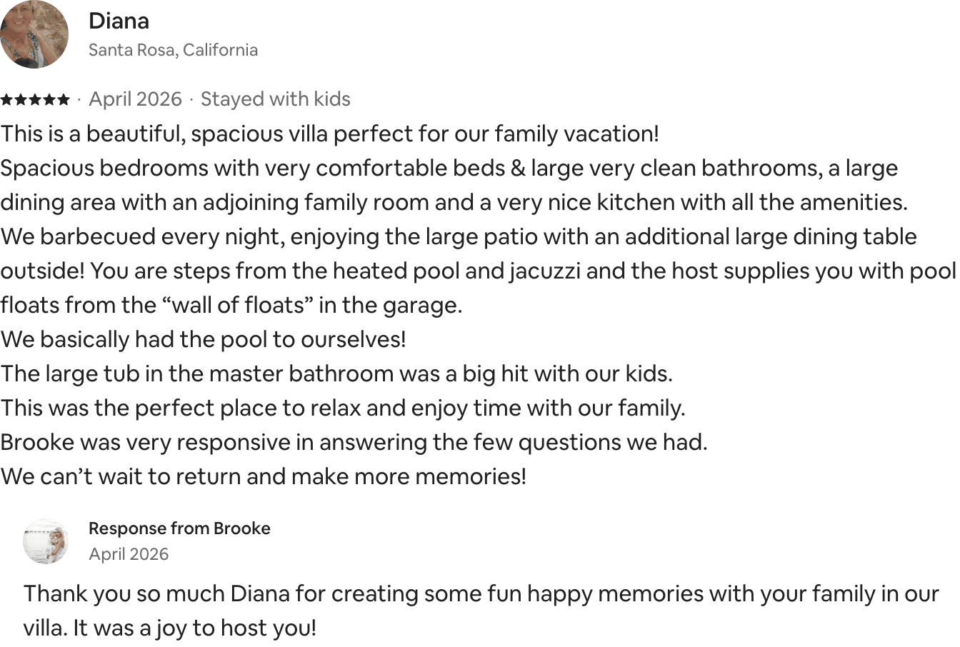 Five-star Airbnb guest review from Diana describing a beautiful, spacious villa.
