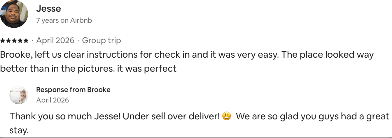 Five-star Airbnb guest review from Jesse noting clear instructions for check-in, shown with a reply from the host.