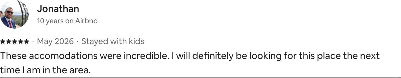 Five-star Airbnb guest review from Jonathan calling the stay incredible.