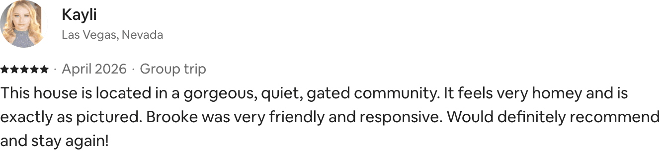 Five-star Airbnb guest review from Kayli: Brooke was very friendly and responsive.