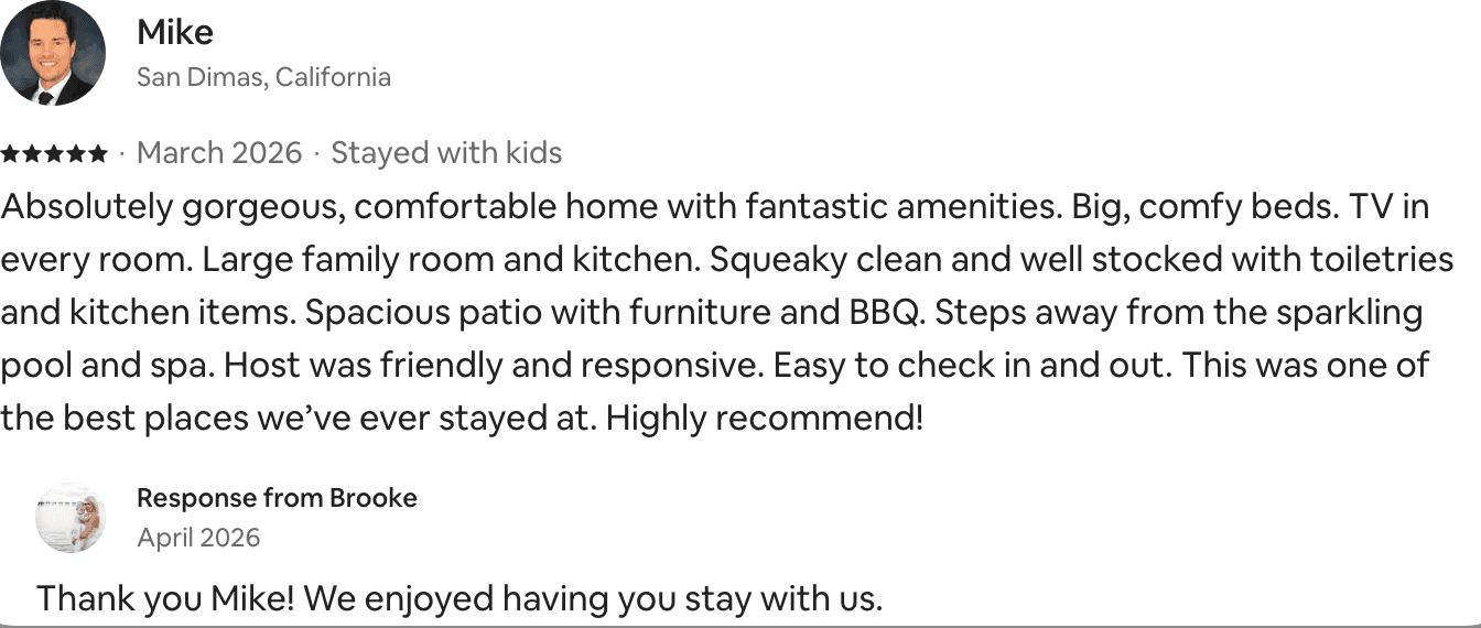 Five-star Airbnb guest review from Mike calling it one of the best places his family has ever stayed, with a friendly and responsive host.