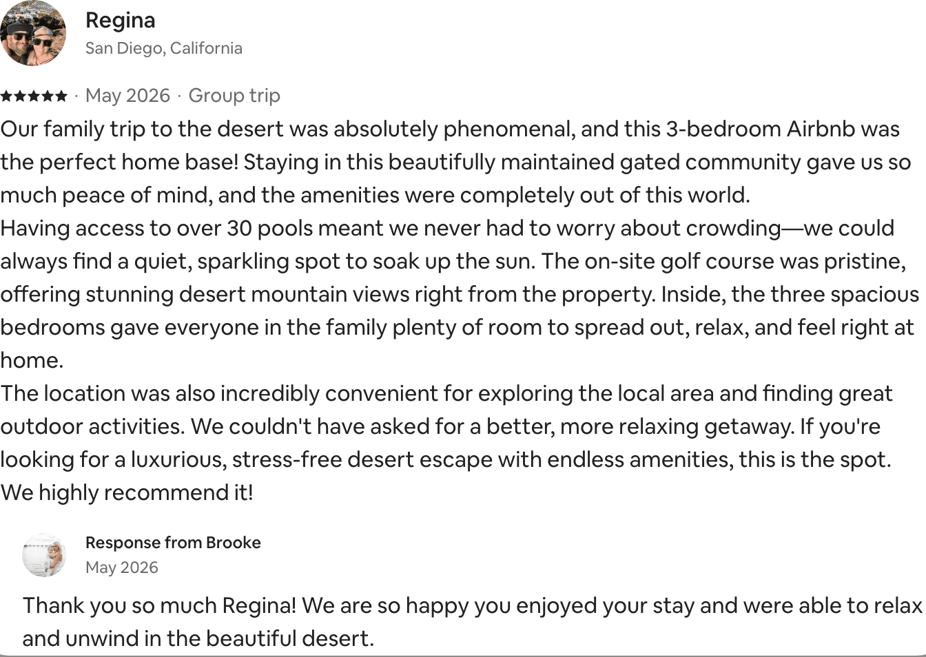 Five-star Airbnb guest review from Regina describing the stay as absolutely phenomenal.