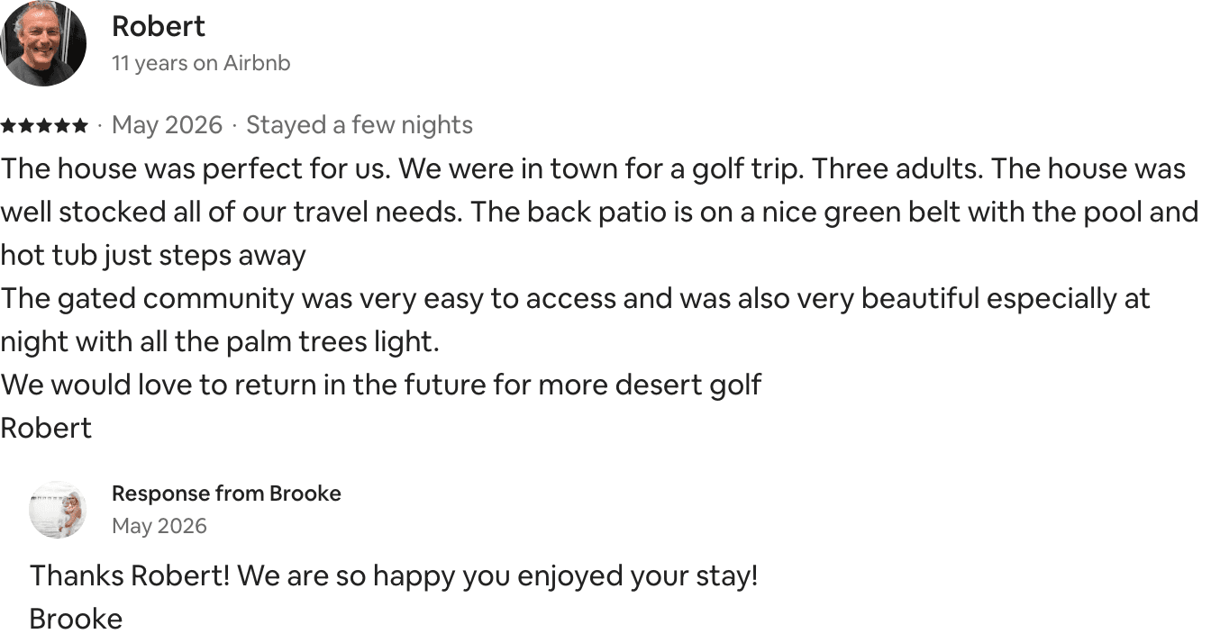 Five-star Airbnb guest review from Robert about a golf trip stay: the home was well stocked and he would return.