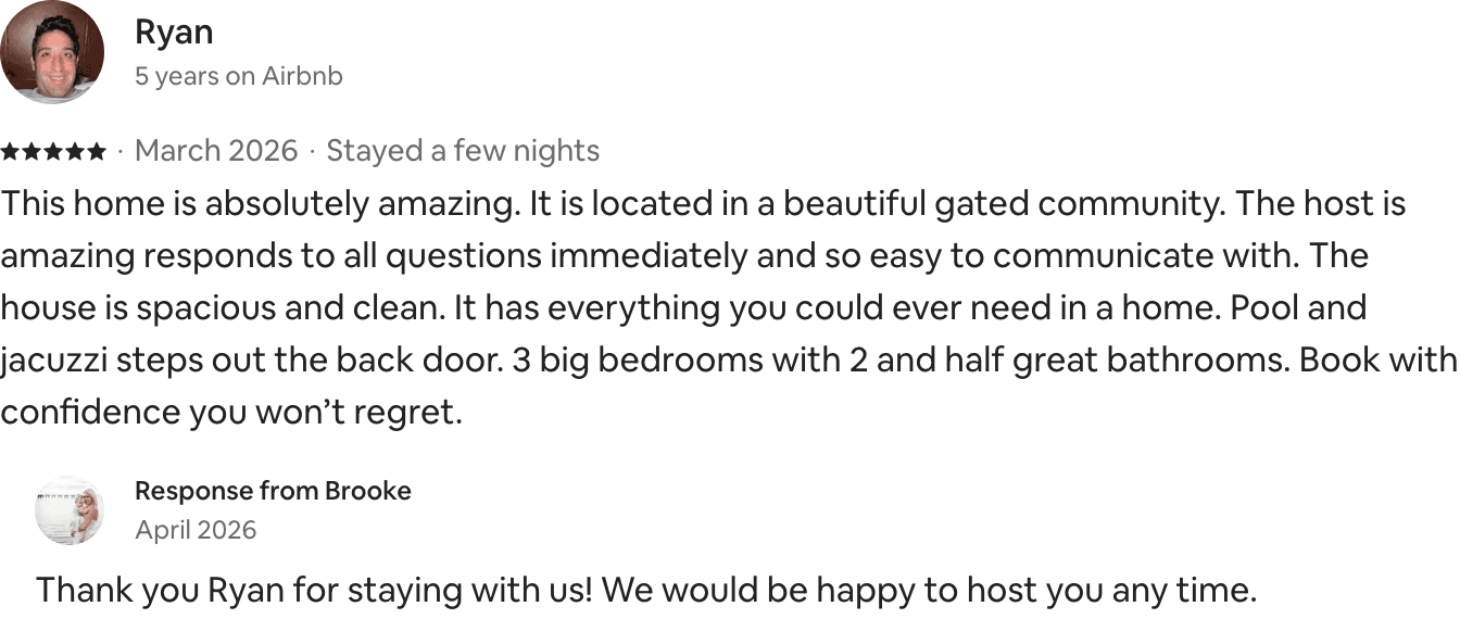 Five-star Airbnb guest review from Ryan: the host is amazing and responds to all questions immediately.