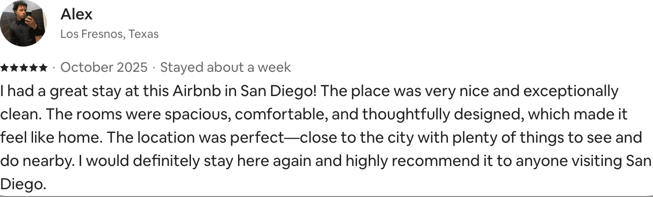 Five-star Airbnb guest review from Alex: exceptionally clean, felt like home.