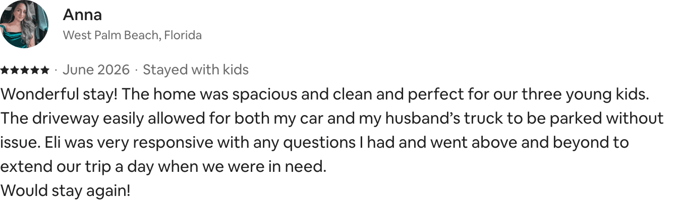 Five-star Airbnb guest review from Anna: Eli was very responsive with any questions.