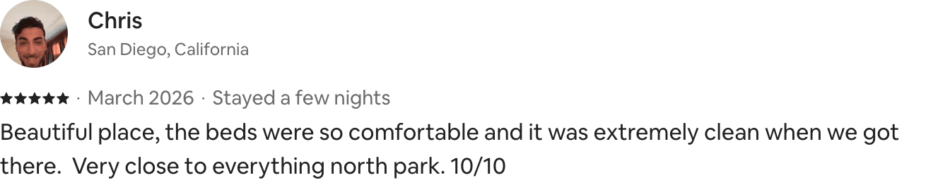Five-star Airbnb guest review from Chris rating the stay 10 out of 10.