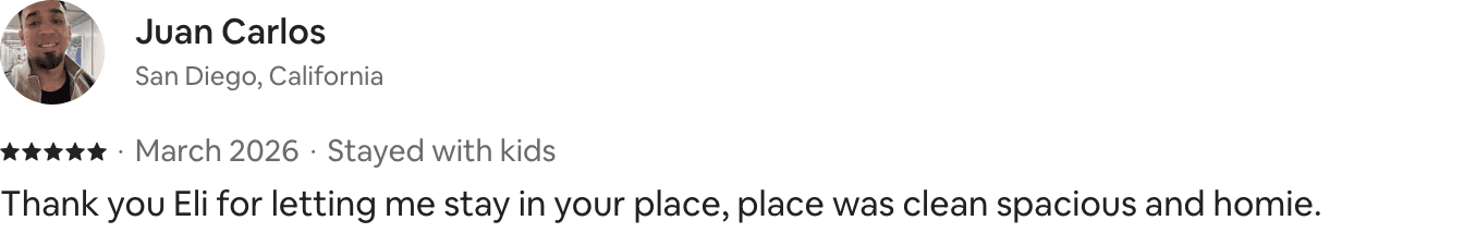 Short five-star Airbnb guest review from Juan Carlos.